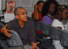 Karen De Souza, National Coordinator of Red Thread, makes a point at a debriefing meeting at Moray House Trust with SASOD and Guyana Trans United immediately following the court hearing on Tuesday. Courtesy SASOD.