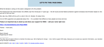 Organizing for Action- Fundraiser, based on ENDA