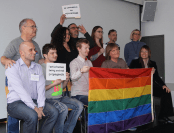 Russian Visitors, with S.F. Activists, Standing from left to right, Bill Wilson, Melanie Nathan, Michael Petrelis, Mila Pavlin, Lee Jewel and Rebecca Rolfe, from SF LGBT Center. Photo Hannah Ponder