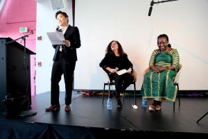 Michele Meow of Swirl radio who moderated the event, with Nathan and Sempala.