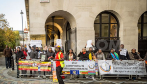 OUT AND PROUD Diamond Group protest  Ugandan President Yoweri Museveni, outside Savoy Hotel in London