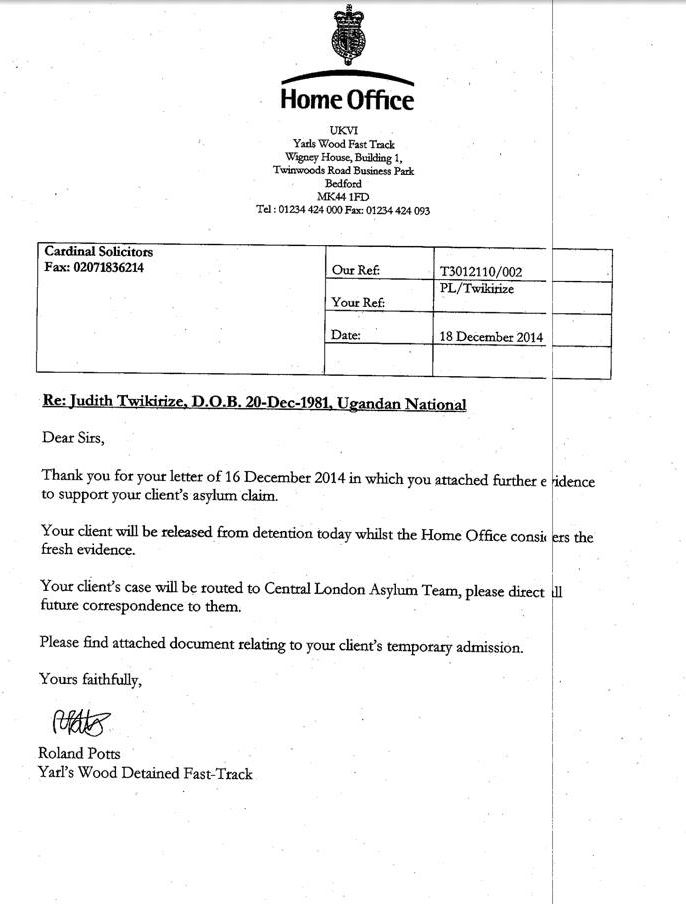 Jusith Asylum UK Release letter