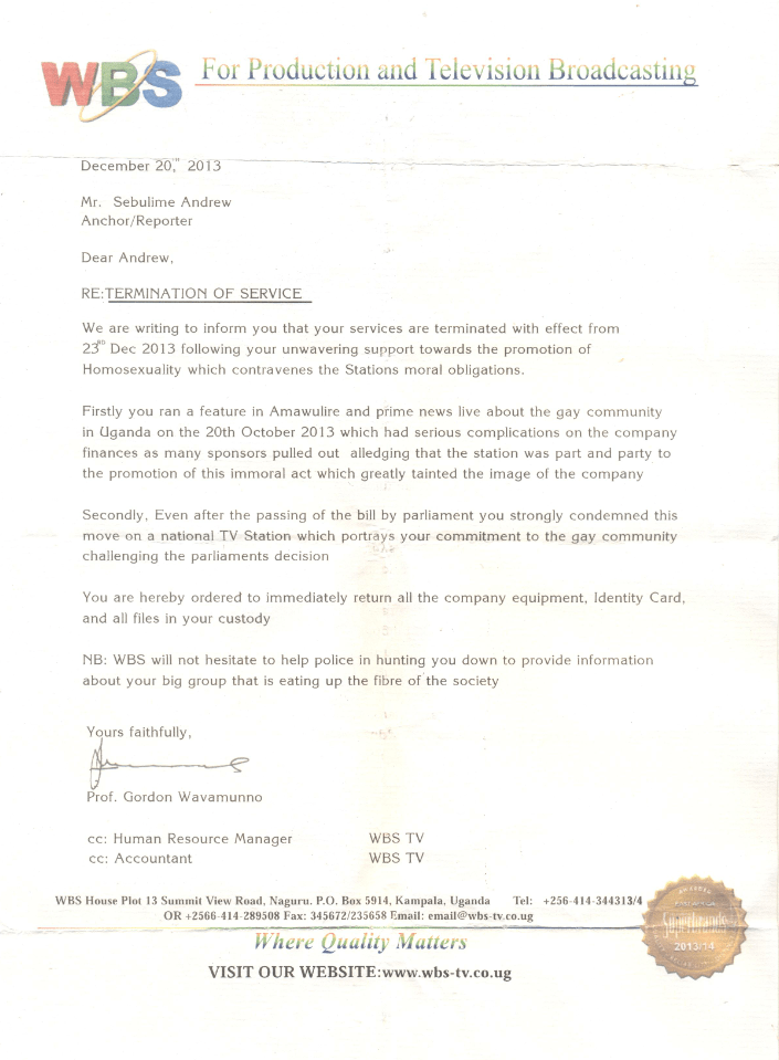 Andrew Subilime termination letter