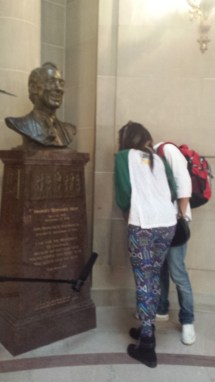 Mari and Cara at Harvey Milk bust at San Francisco City Hall.