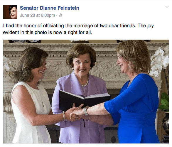 Sen. Feinstein officiates at same-sex couple friends wedding.