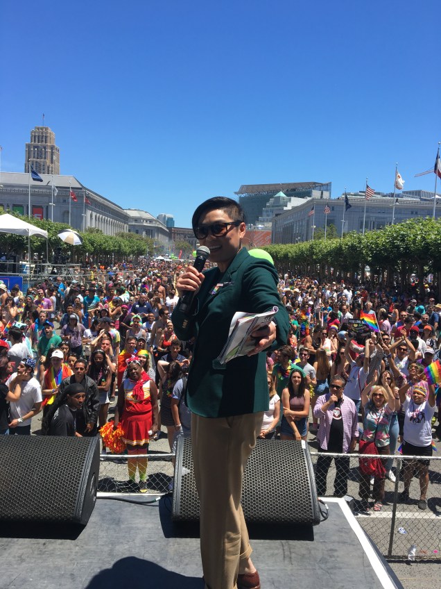 Michele Meow SF Pride Board president on Main Stage introducing Board of Directors. Photo: Melanie Nathan